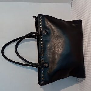 Patricia Nash Zancona Black Leather Studded Tote Embossed Logo